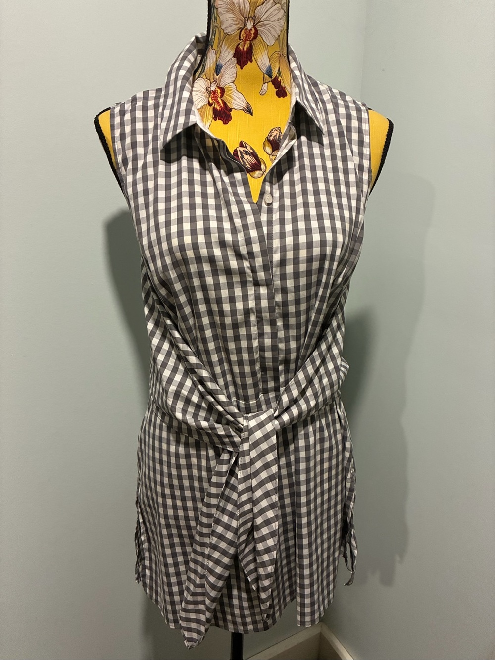 Lafayette 148 Mariel Grey White Check Gingham Wrap Style Tunic Top Size Large